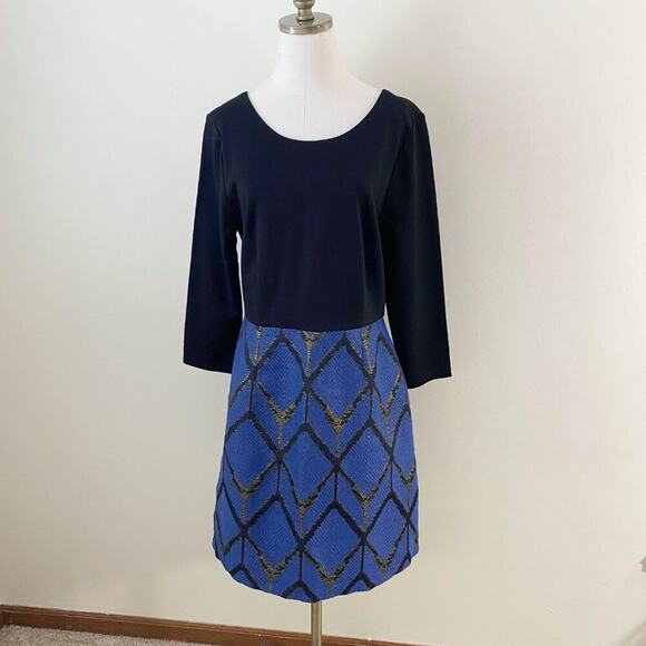 Slate & Willow Black/Blue Printed Jacquard Dress Size 12 Long Sleeve Scoop Neck - Picture 10 of 11